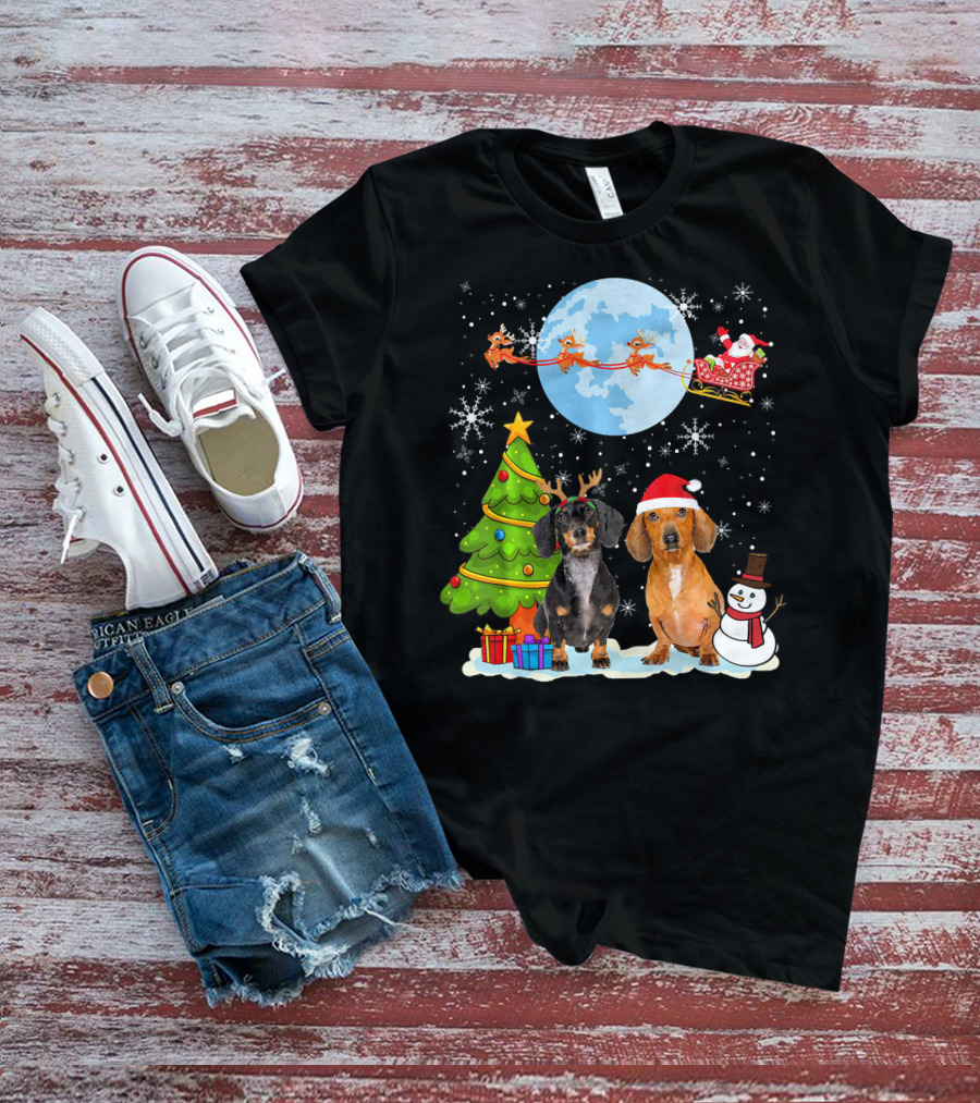 Funny Dachshund Christmas Santa Moon Reindeers Tree Snowman T-Shirt