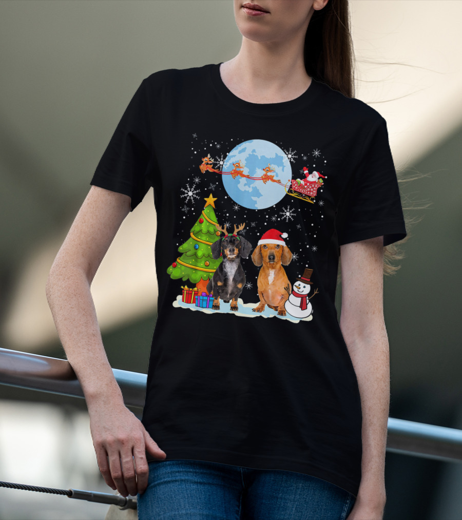 Funny Dachshund Christmas Santa Moon Reindeers Tree Snowman T-Shirt
