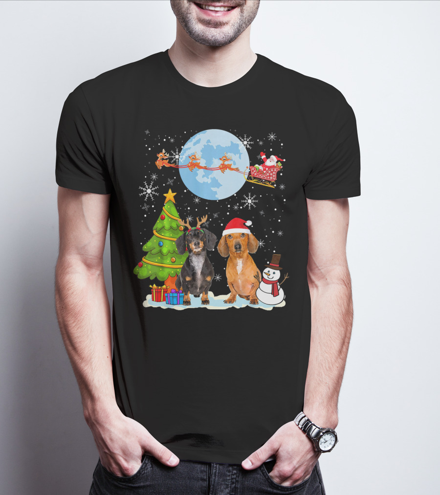 Funny Dachshund Christmas Santa Moon Reindeers Tree Snowman T-Shirt