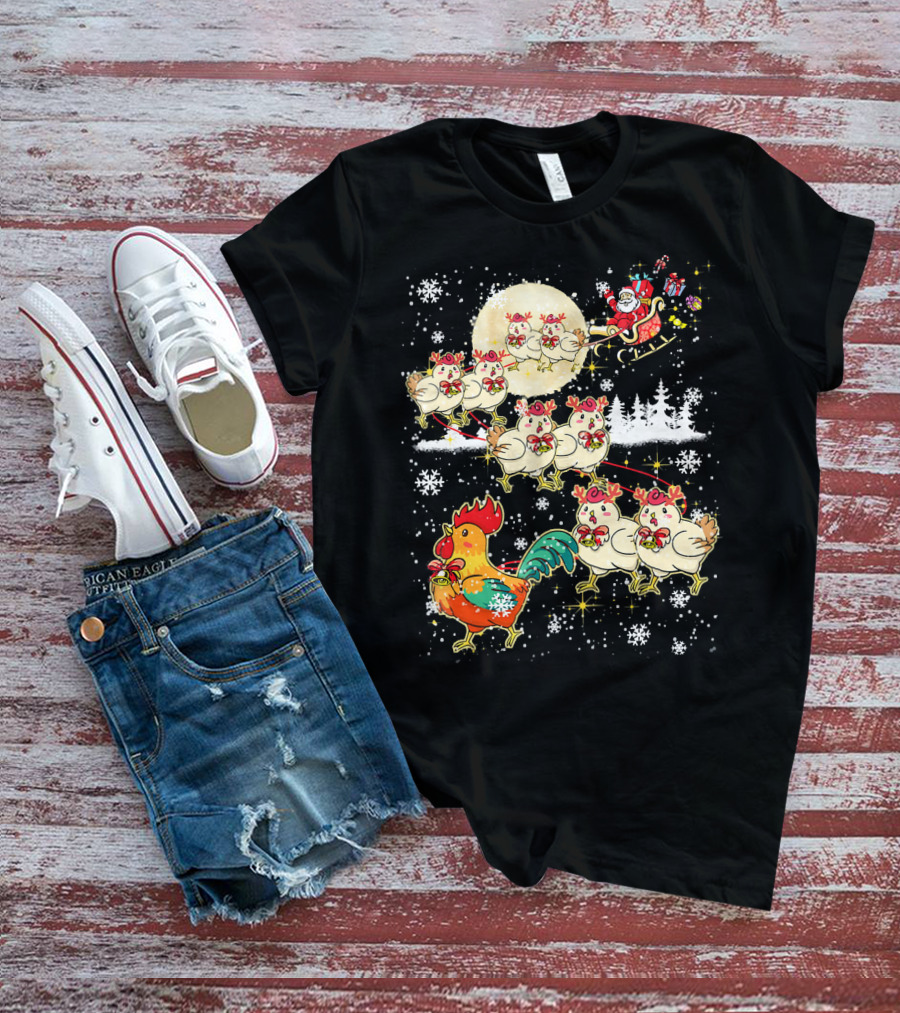 Chicken Reindeer Christmas Santa Sleigh With Snowflakes And Nice Chicken T-Shirt
