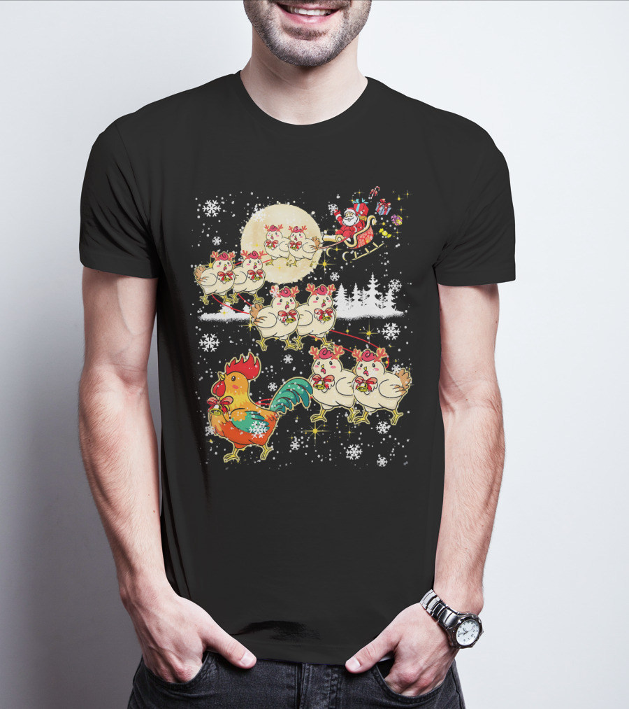 Chicken Reindeer Christmas Santa Sleigh With Snowflakes And Nice Chicken T-Shirt