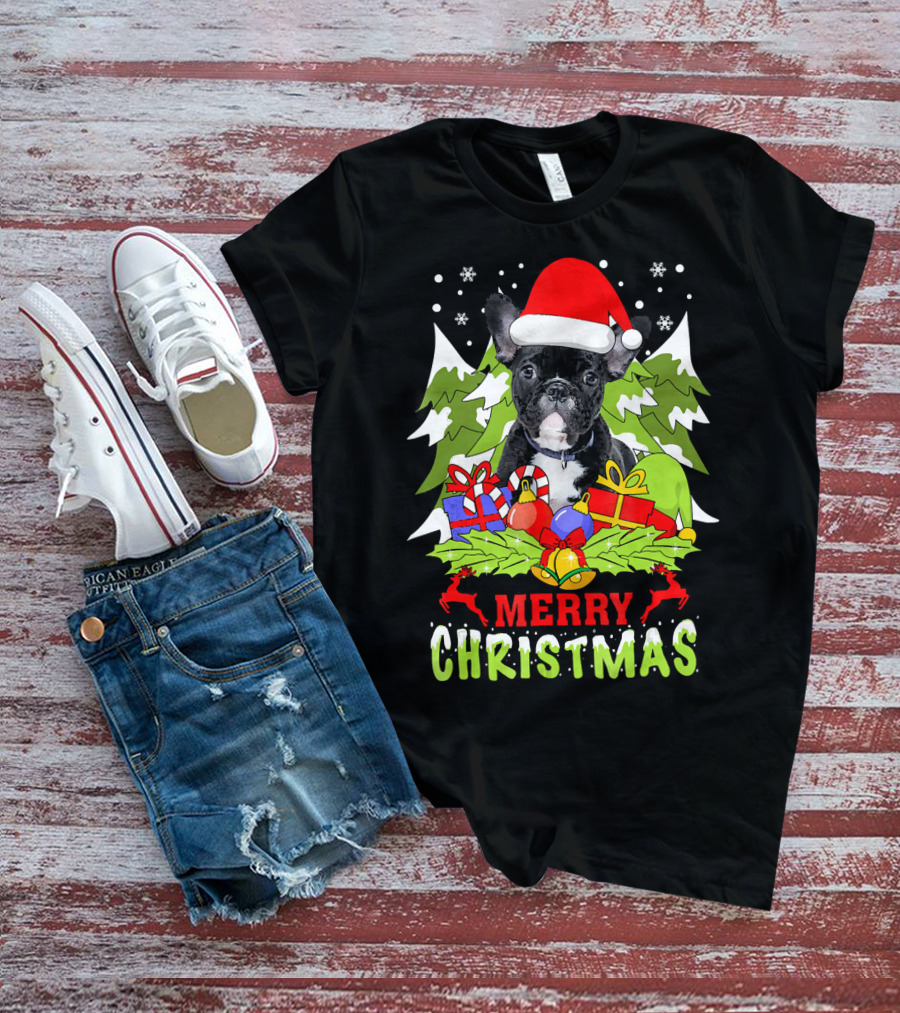 Merry Christmas French Bulldog Santa Hat Gifts Snowflakes T-Shirt