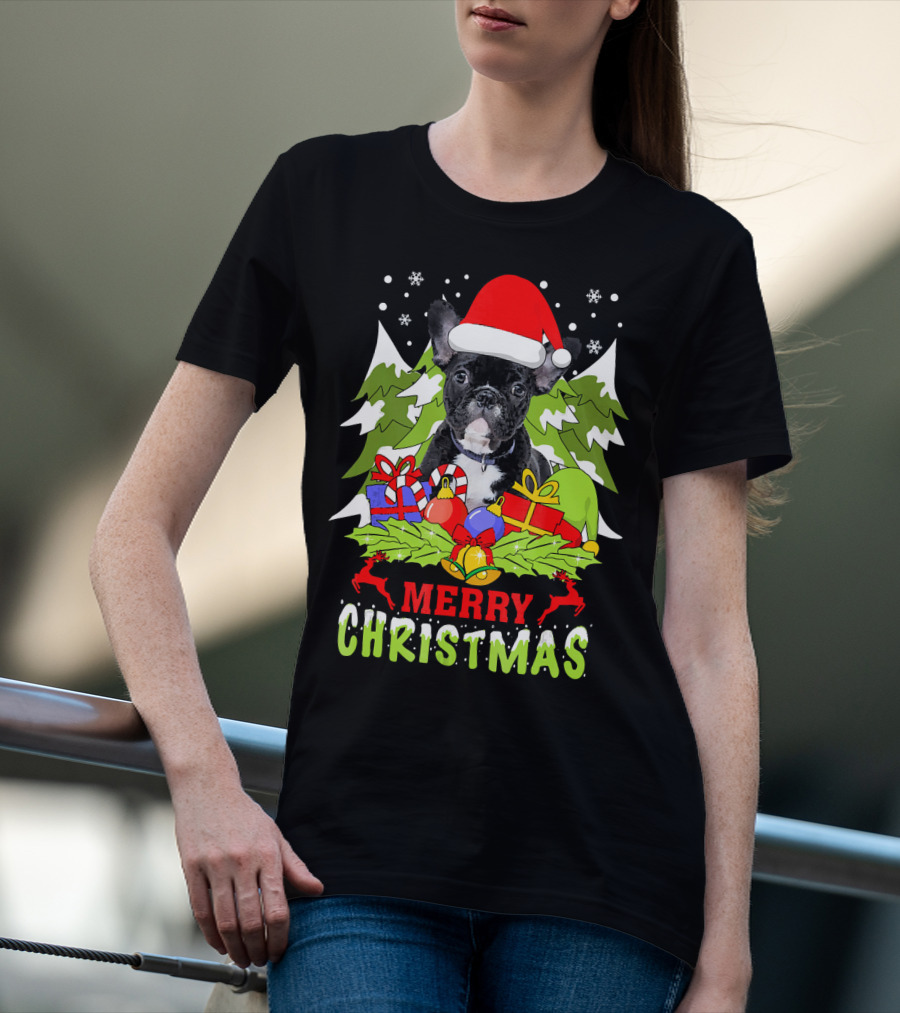 Merry Christmas French Bulldog Santa Hat Gifts Snowflakes T-Shirt