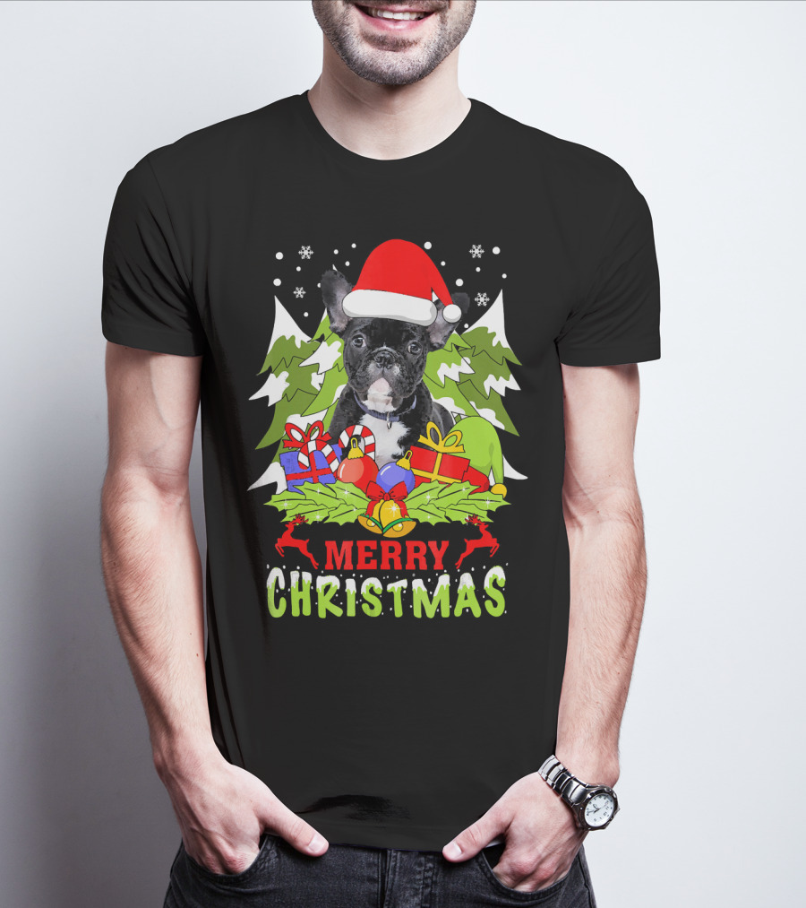 Merry Christmas French Bulldog Santa Hat Gifts Snowflakes T-Shirt