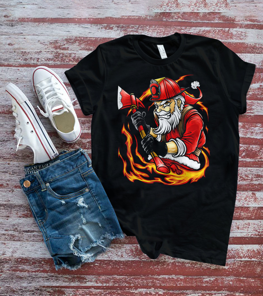 Firefighter Santa With Axe Surrounded By Flames T-Shirt