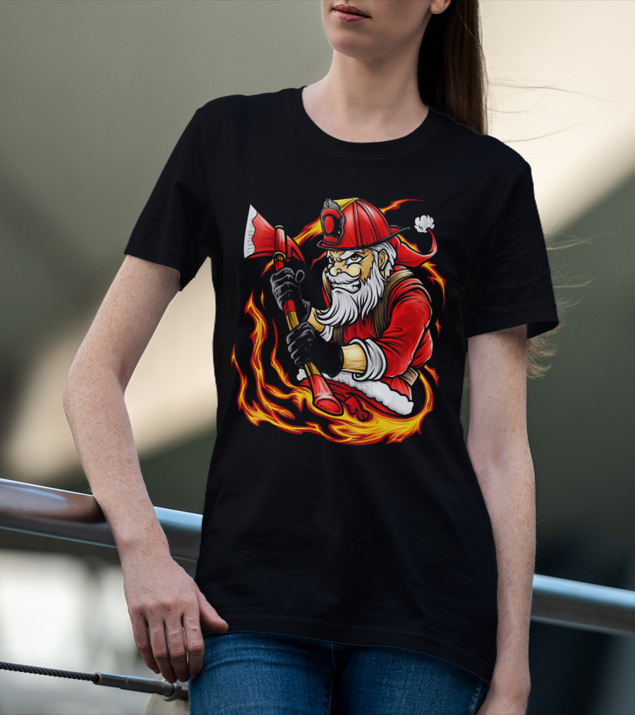Firefighter Santa With Axe Surrounded By Flames T-Shirt