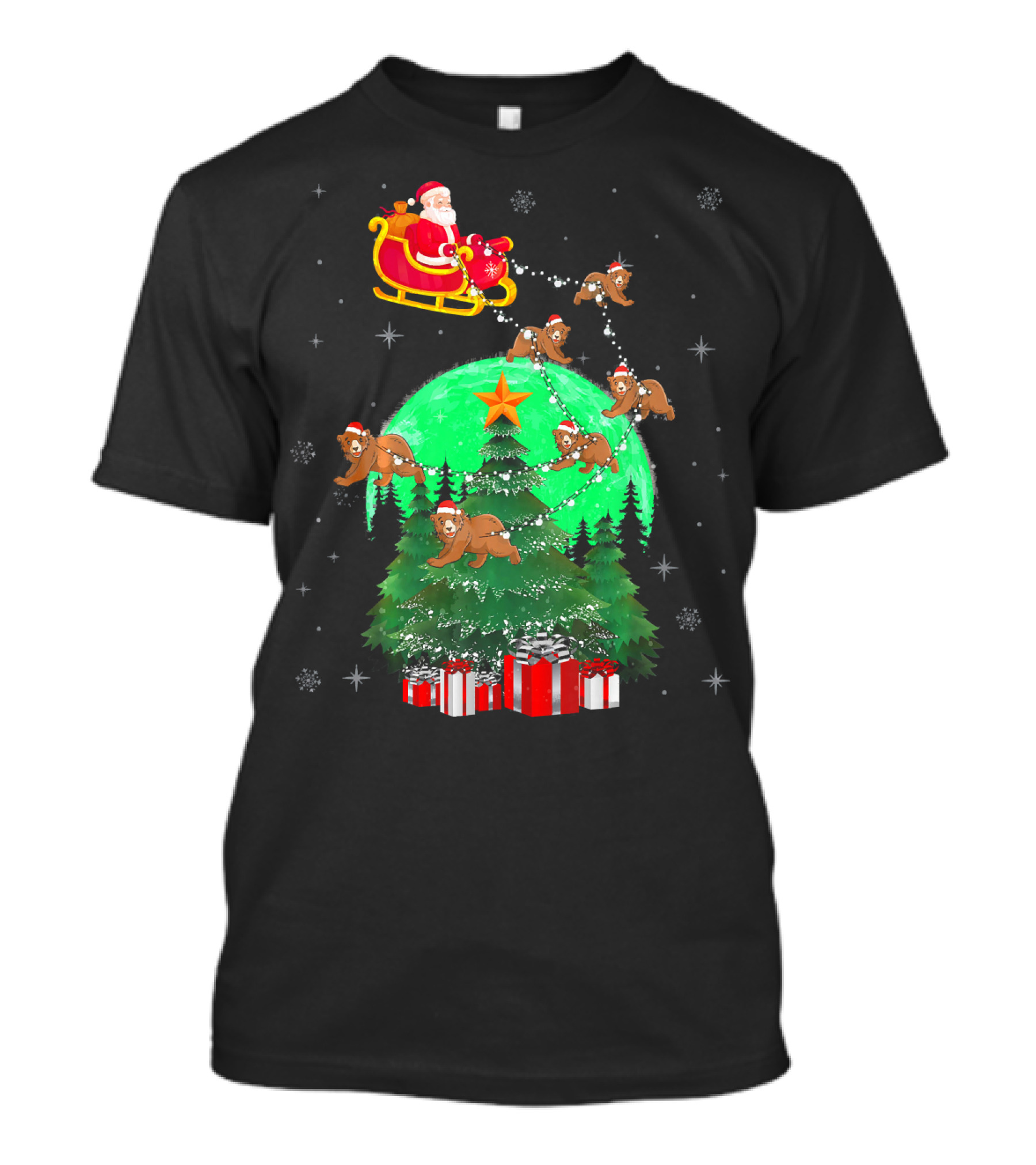 Santa Claus With Bears And Sleigh Over Christmas Tree And Presents T-Shirt