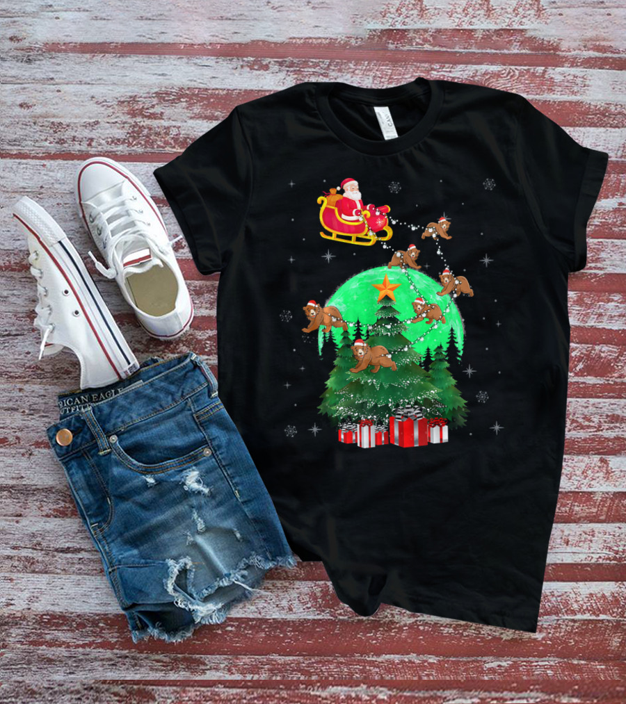 Santa Claus With Bears And Sleigh Over Christmas Tree And Presents T-Shirt