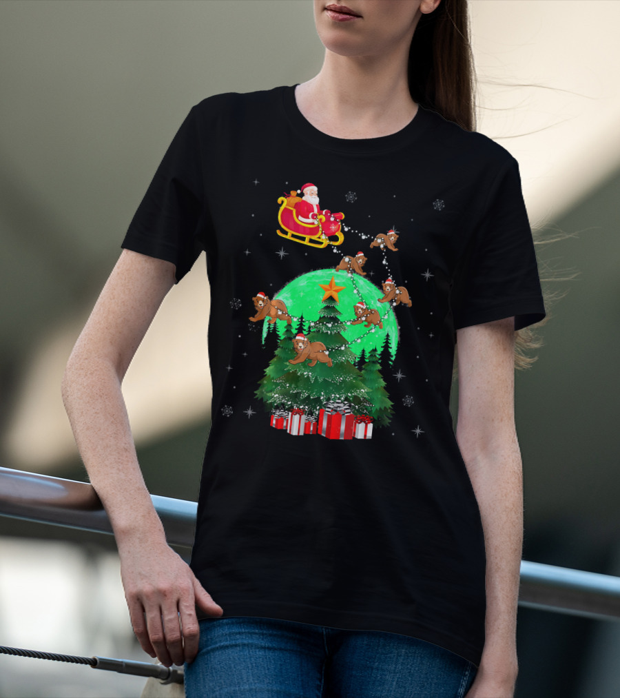 Santa Claus With Bears And Sleigh Over Christmas Tree And Presents T-Shirt