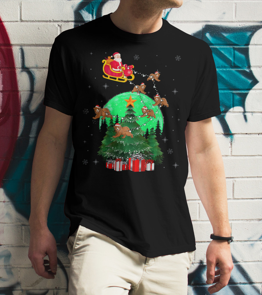 Santa Claus With Bears And Sleigh Over Christmas Tree And Presents T-Shirt