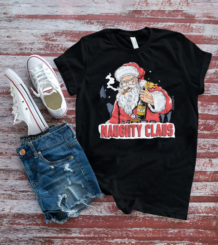 Naughty Claus Santa With Beer Funny Humor XMAS T-Shirt