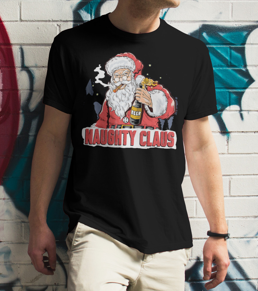 Naughty Claus Santa With Beer Funny Humor XMAS T-Shirt