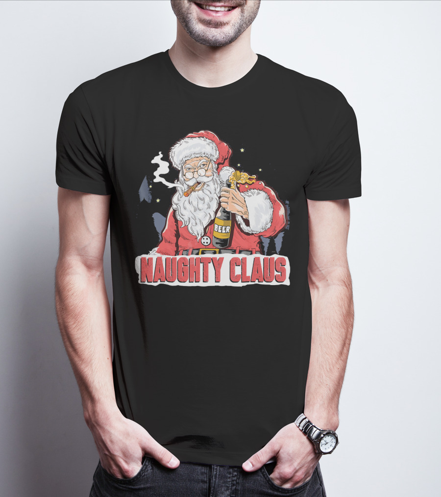 Naughty Claus Santa With Beer Funny Humor XMAS T-Shirt