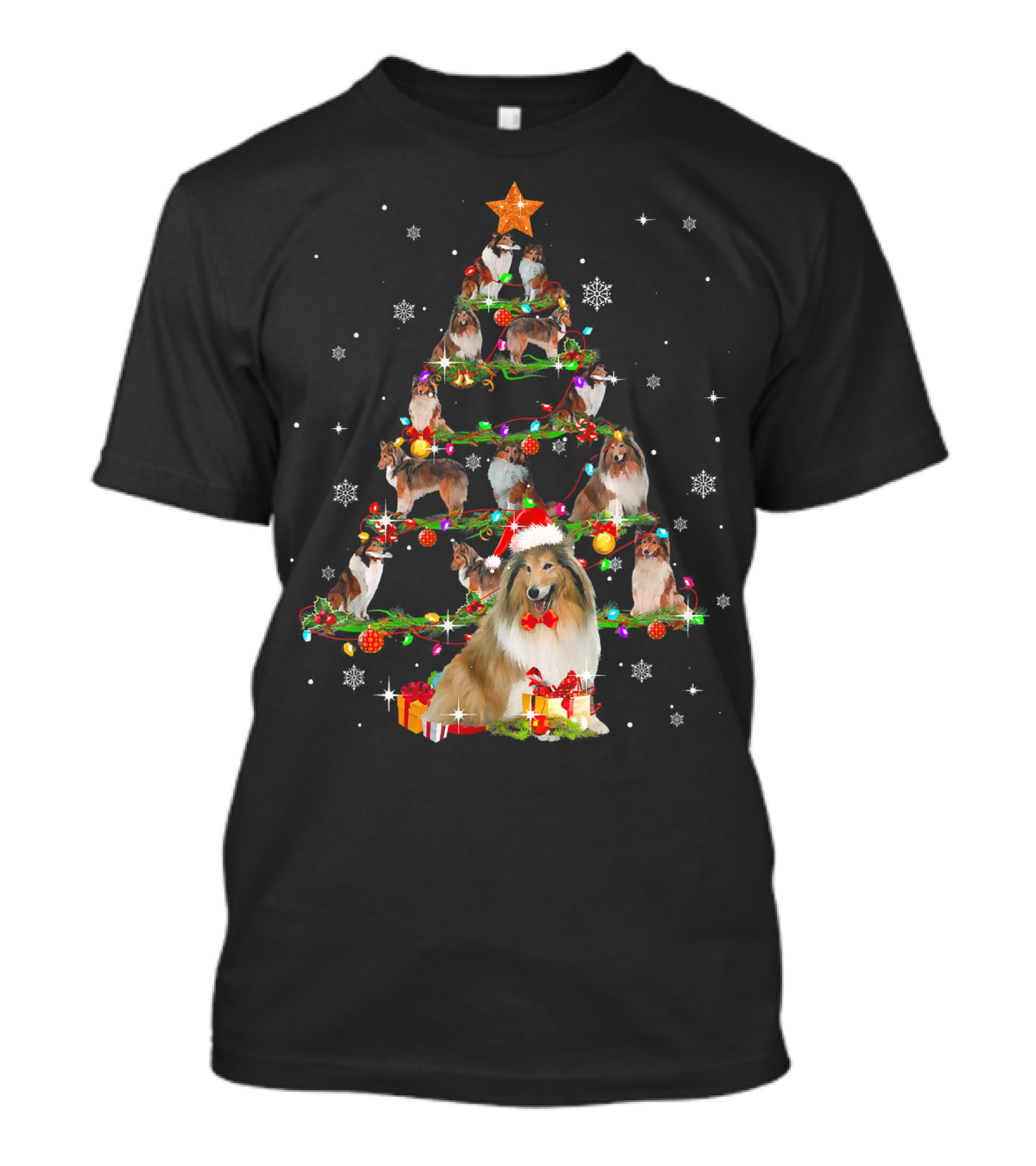 Rough Collie Christmas Tree With Santa Hat And Gifts T-Shirt