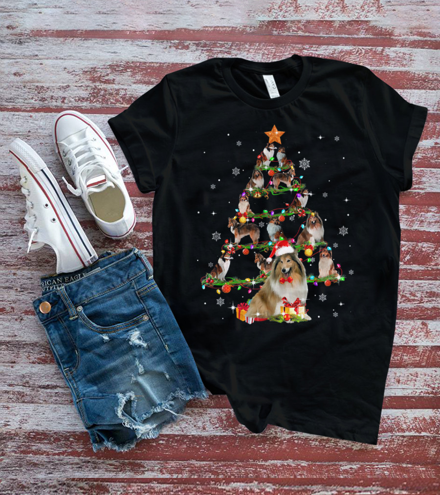 Rough Collie Christmas Tree With Santa Hat And Gifts T-Shirt