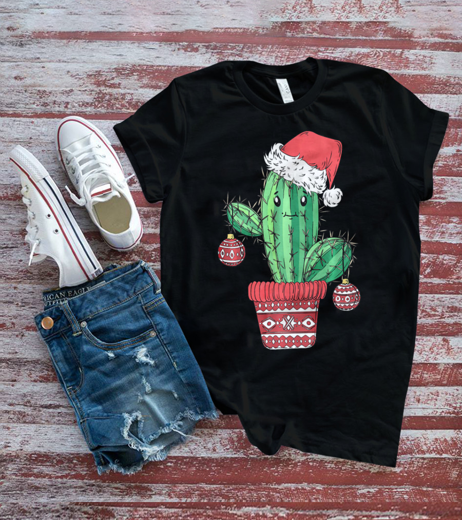 Cactus Christmas Tree Santa Hat Festive Ornaments T-Shirt
