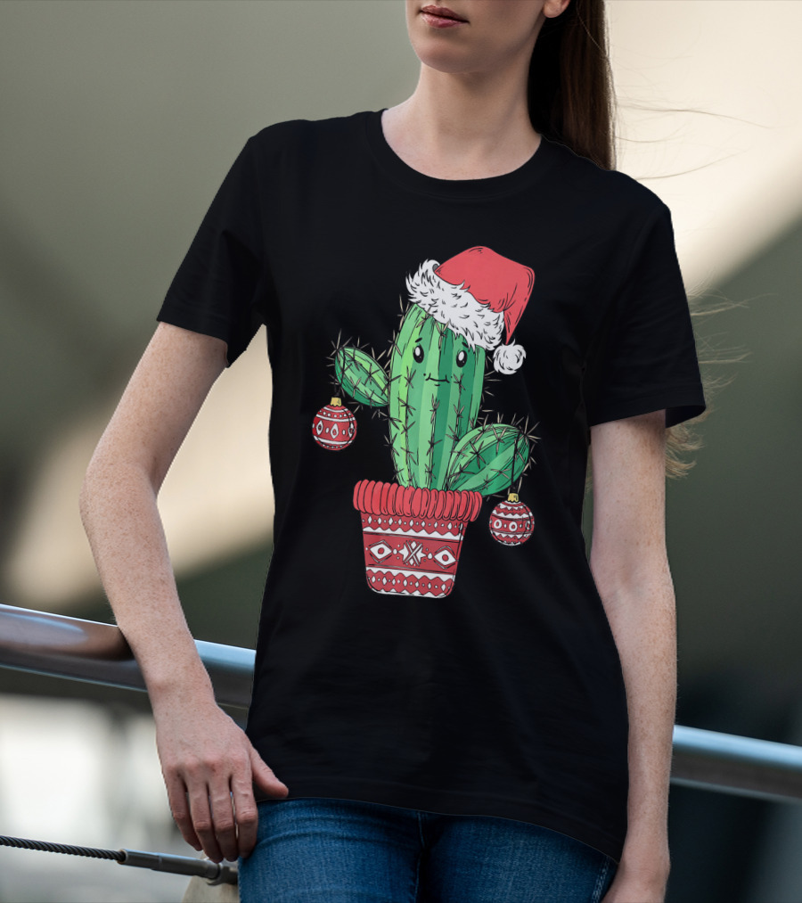 Cactus Christmas Tree Santa Hat Festive Ornaments T-Shirt