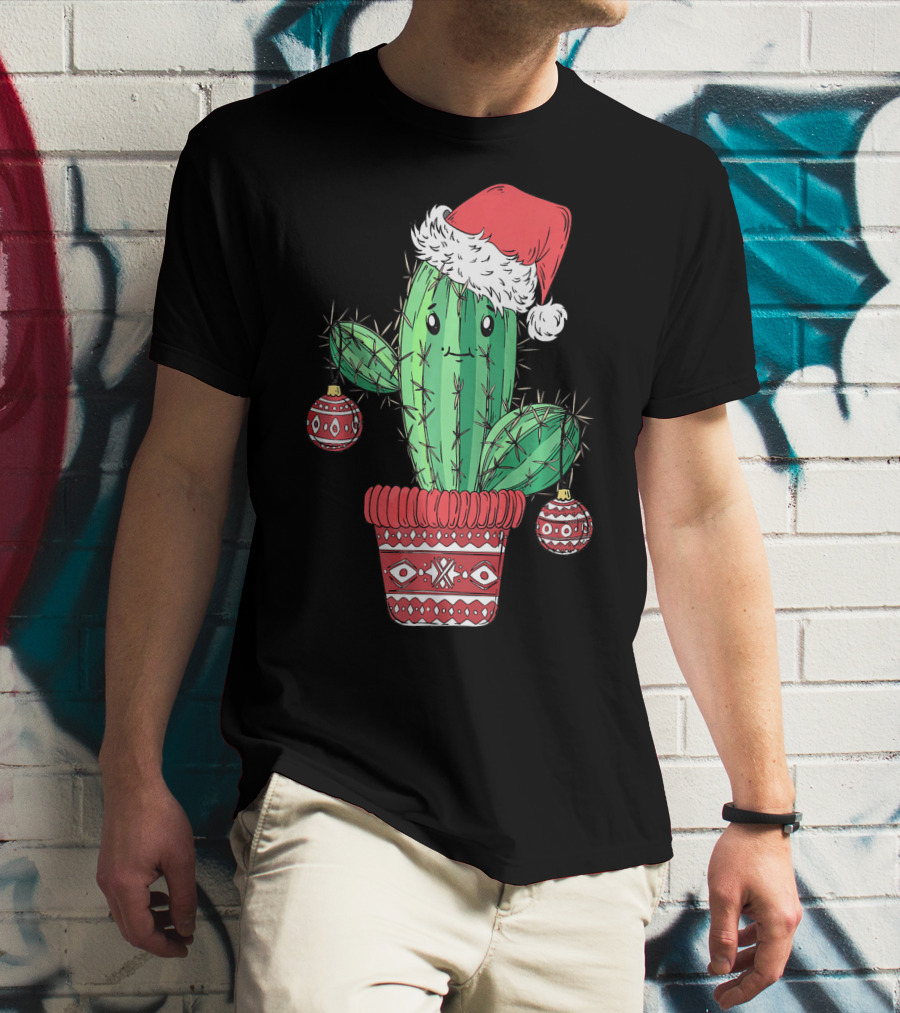 Cactus Christmas Tree Santa Hat Festive Ornaments T-Shirt