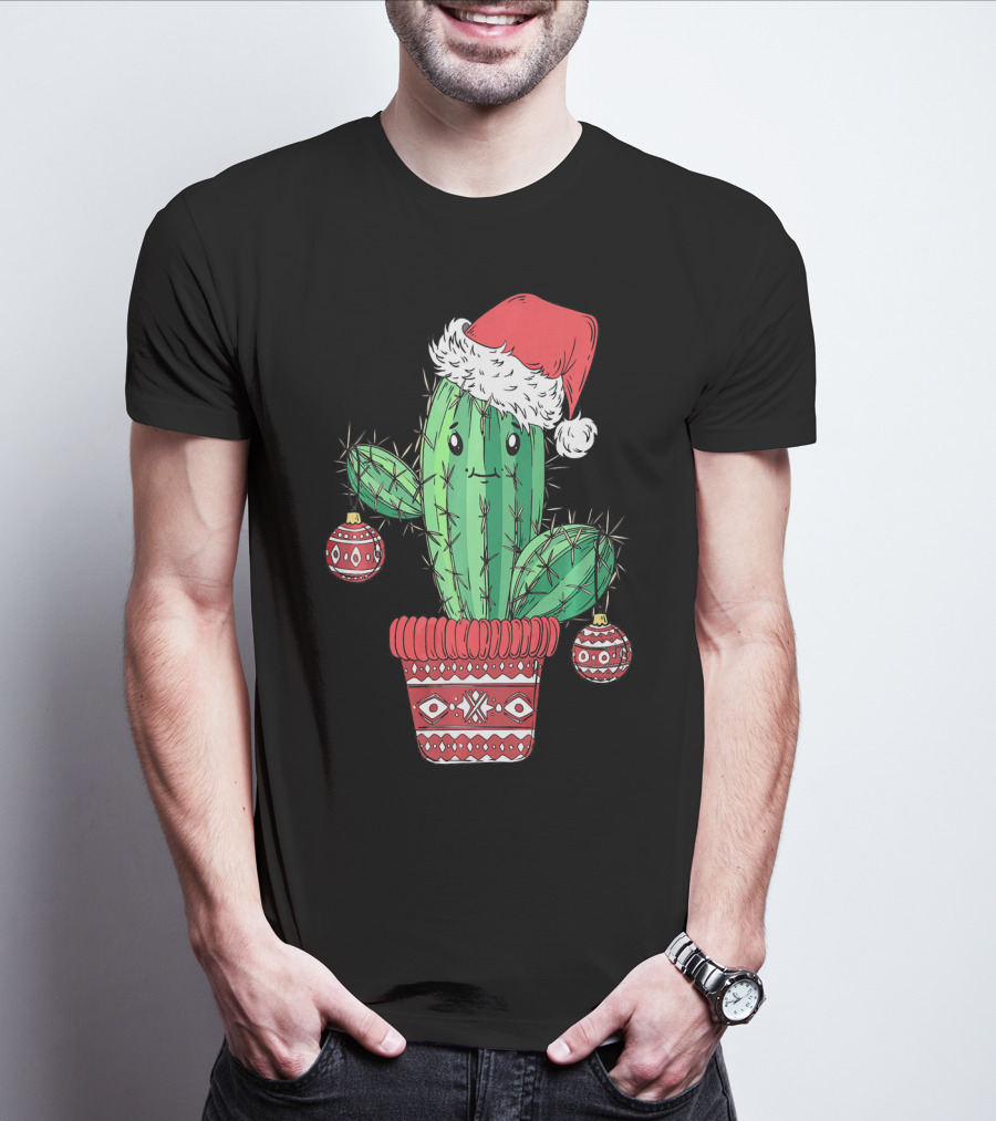 Cactus Christmas Tree Santa Hat Festive Ornaments T-Shirt
