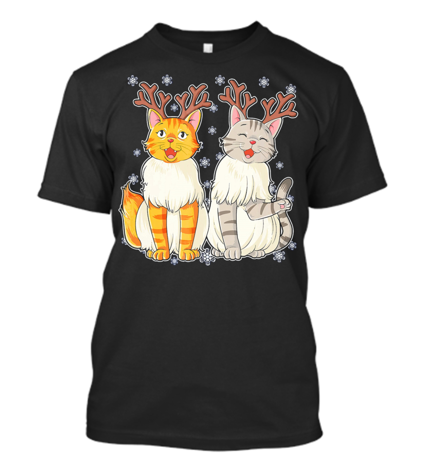 Funny Christmas Cat Reindeer With Snowflakes T-Shirt