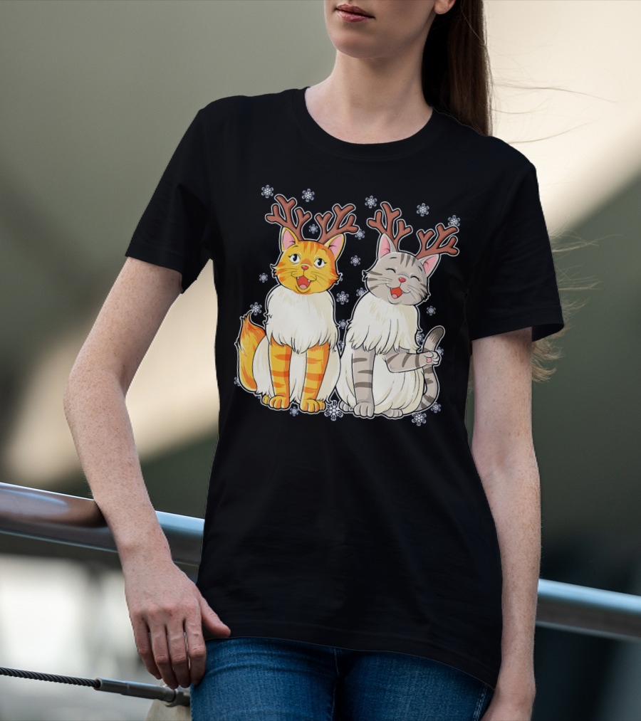 Funny Christmas Cat Reindeer With Snowflakes T-Shirt