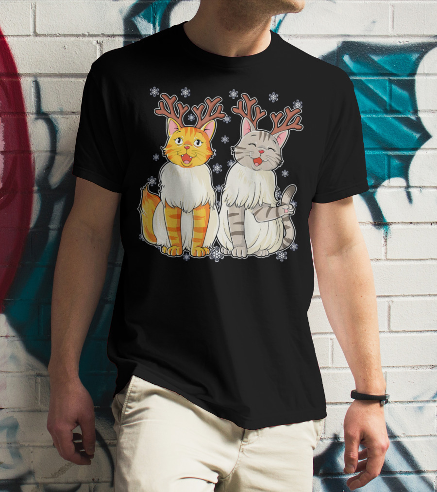 Funny Christmas Cat Reindeer With Snowflakes T-Shirt