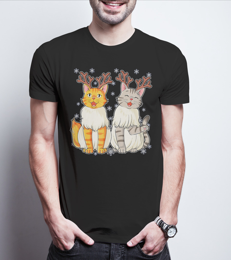 Funny Christmas Cat Reindeer With Snowflakes T-Shirt