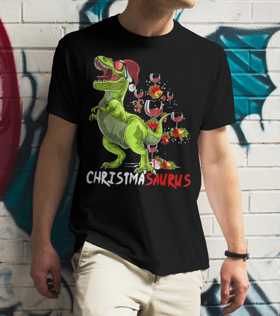 Christmasaurus T-Rex Santa Hat Wine Ornaments T-Shirt