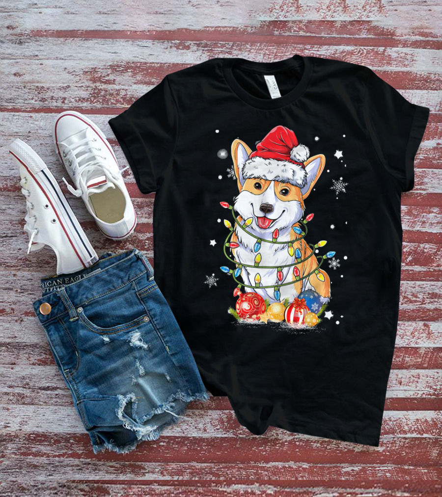 Merry Corgmas Xmas Tree Santa Corgi Wrapped In Christmas Lights And Ornaments T-Shirt