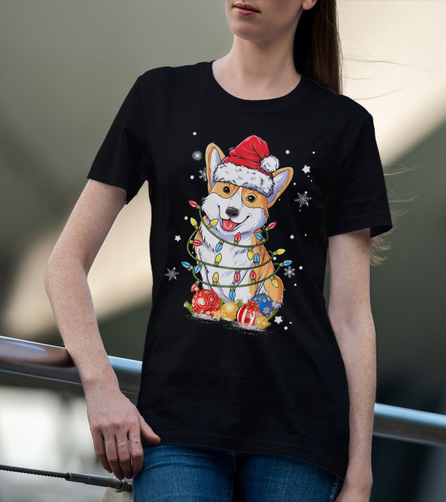 Merry Corgmas Xmas Tree Santa Corgi Wrapped In Christmas Lights And Ornaments T-Shirt