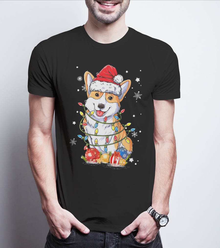 Merry Corgmas Xmas Tree Santa Corgi Wrapped In Christmas Lights And Ornaments T-Shirt