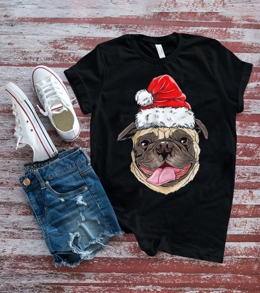 Pug Santa Christmas Hat Joyful Expression T-Shirt