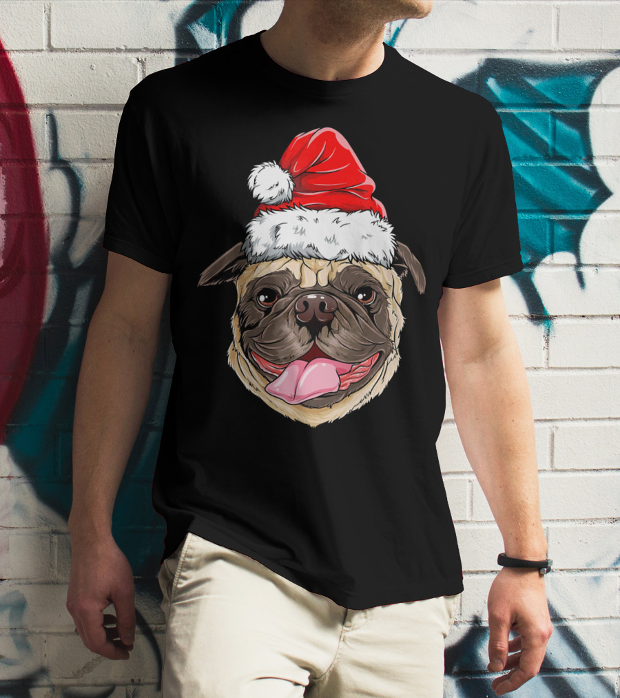 Pug Santa Christmas Hat Joyful Expression T-Shirt