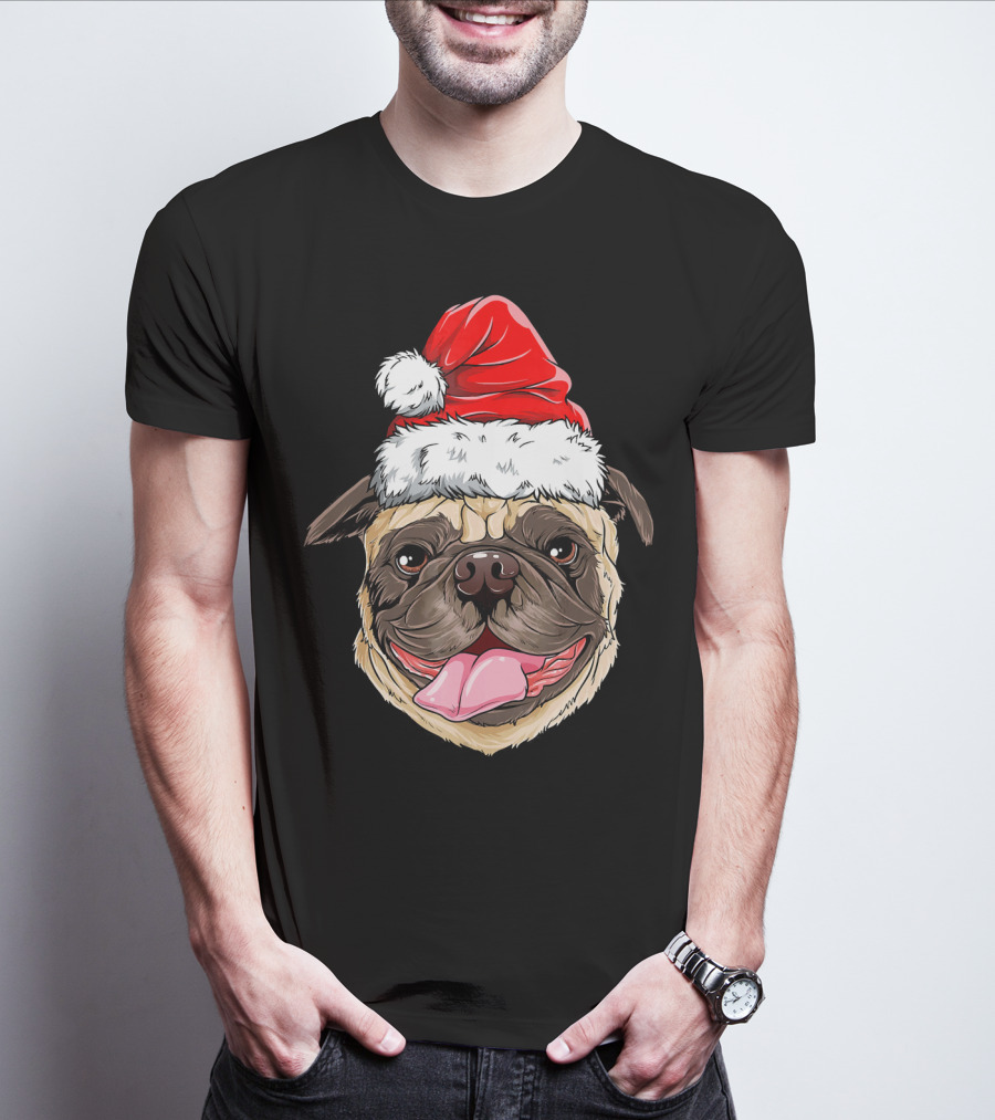 Pug Santa Christmas Hat Joyful Expression T-Shirt