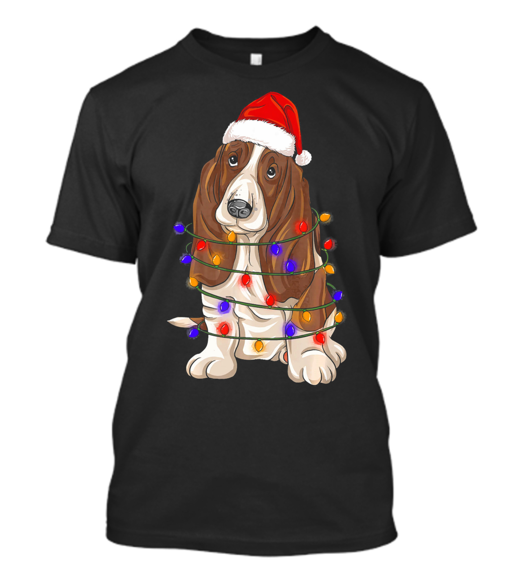 Basset Hound Santa Hat Wrapped In Christmas Lights T-Shirt