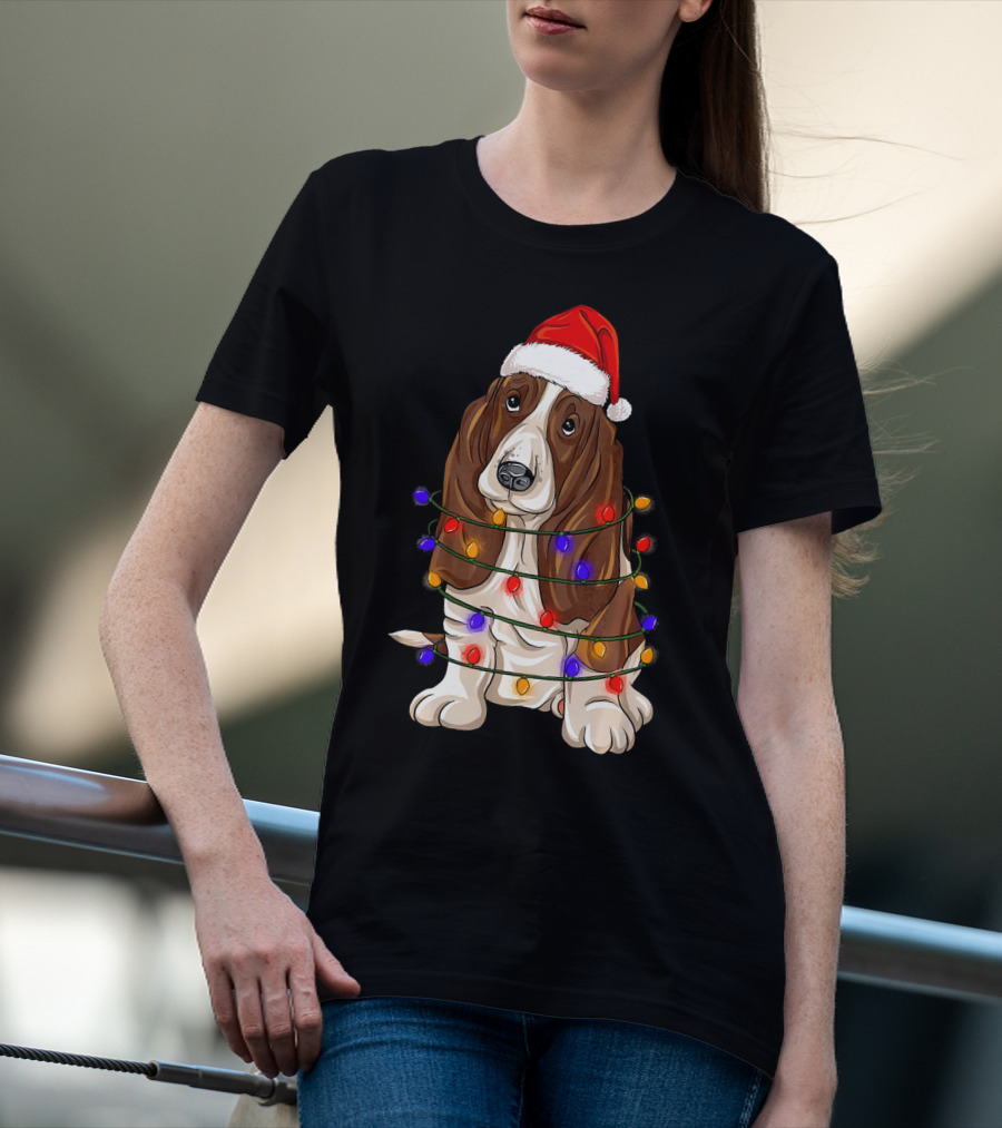 Basset Hound Santa Hat Wrapped In Christmas Lights T-Shirt