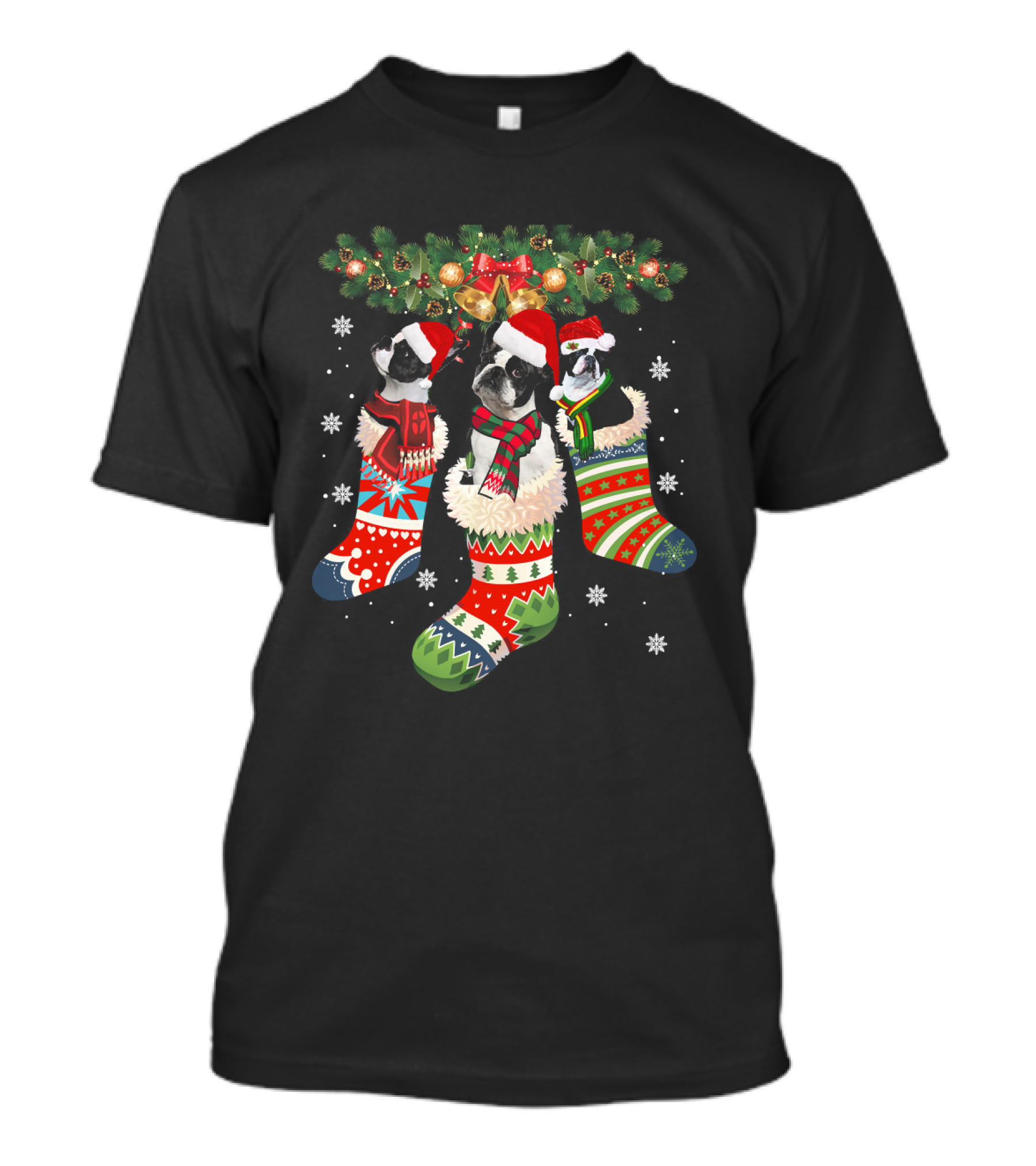 Three Boston Terrier In Christmas Stockings With Santa Hats And Festive Scarves T-Shirt