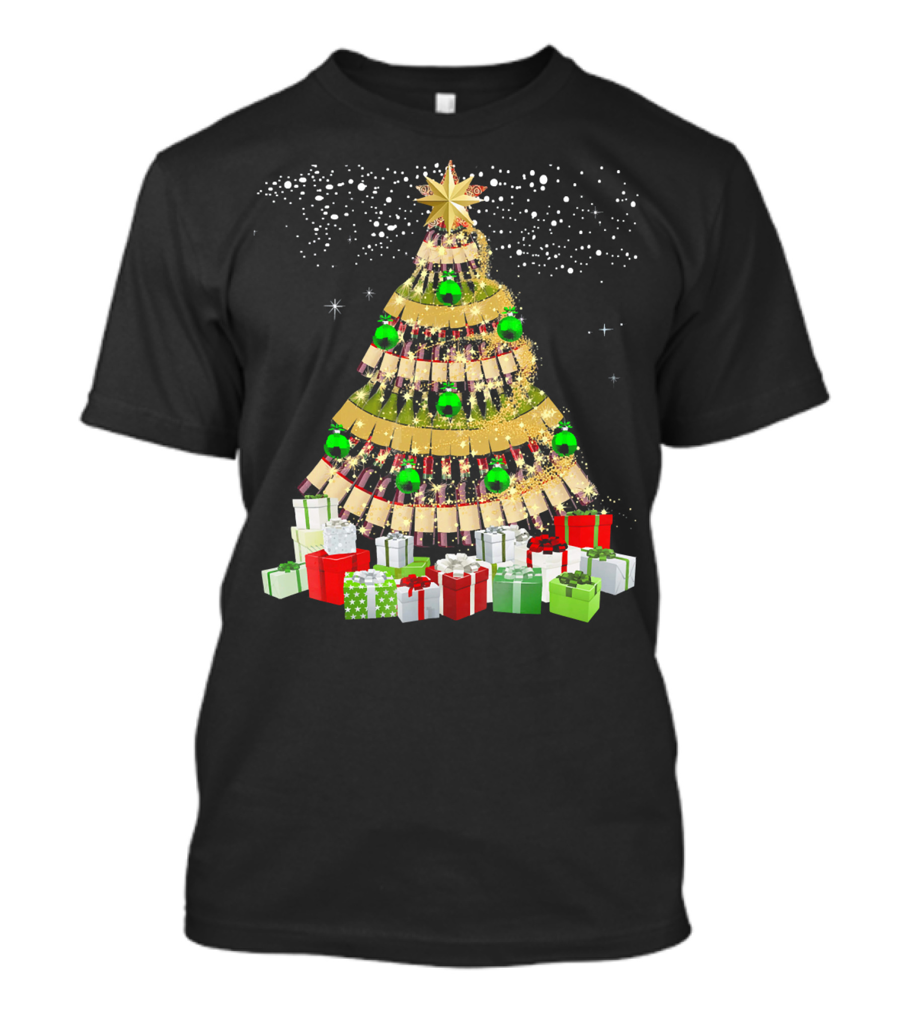 Wine Bottles Christmas Tree With Gifts Snowflakes And Ornaments T-Shirt