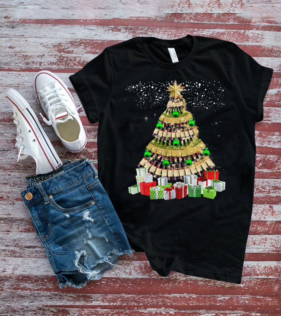 Wine Bottles Christmas Tree With Gifts Snowflakes And Ornaments T-Shirt