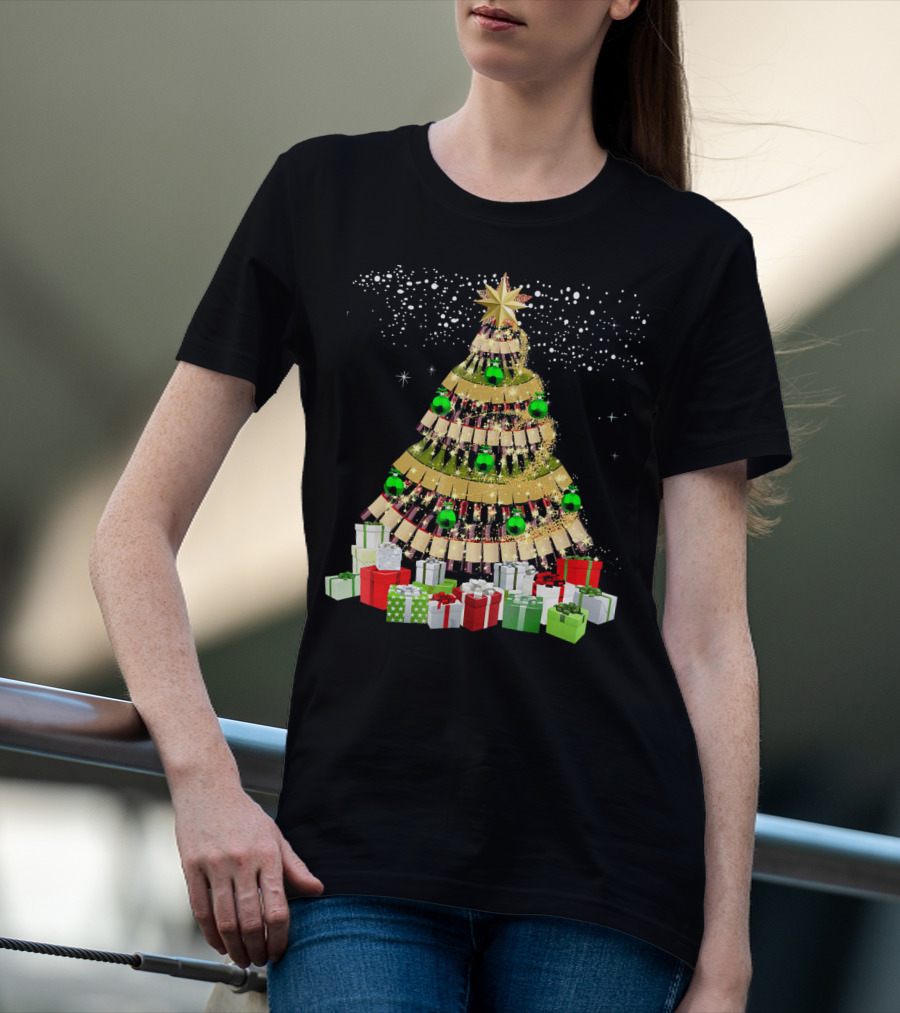 Wine Bottles Christmas Tree With Gifts Snowflakes And Ornaments T-Shirt