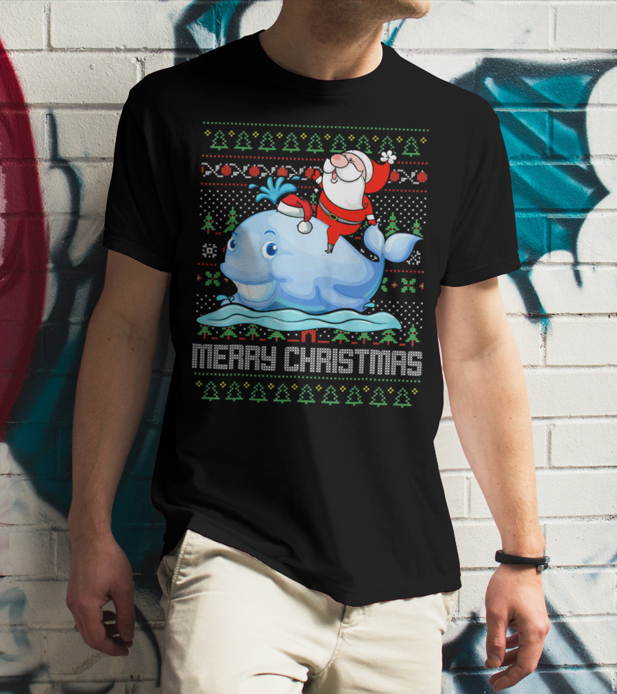 Merry Christmas Funny Santa Claus Riding Whale Holiday T-Shirt