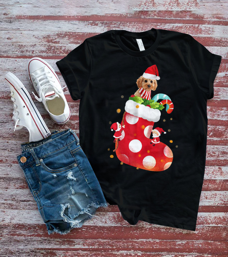 Christmas Cockapoo Dog In Santa Hat With Red Stocking And Candy Cane T-Shirt