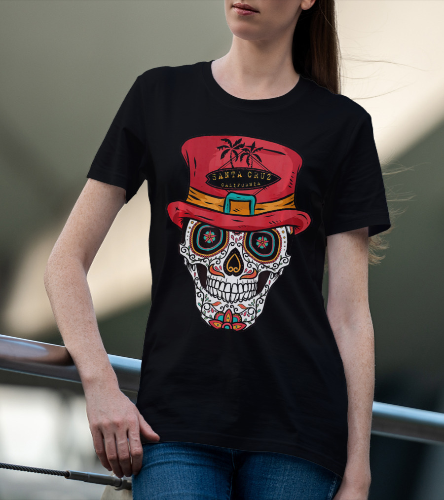 Santa Cruz California Sugar Skull Souvenir With Red Hat And Tropical Palm Trees T-Shirt