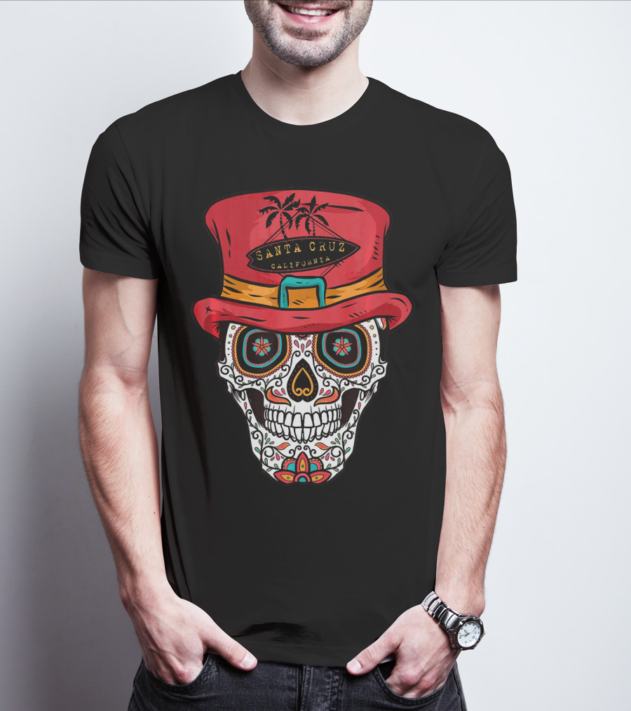 Santa Cruz California Sugar Skull Souvenir With Red Hat And Tropical Palm Trees T-Shirt