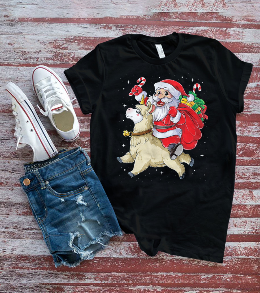 Fa La La Llama Christmas Santa Riding Llama With Candy Canes And Gifts T-Shirt