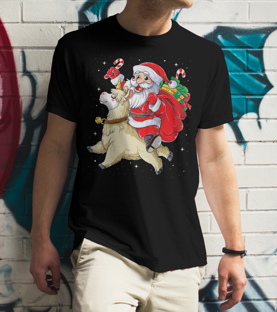 Fa La La Llama Christmas Santa Riding Llama With Candy Canes And Gifts T-Shirt