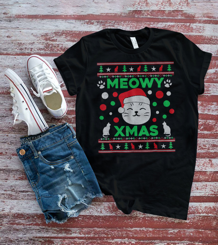 Meowy Xmas Ugly Christmas Santa Cat Paw Trees Stars T-Shirt