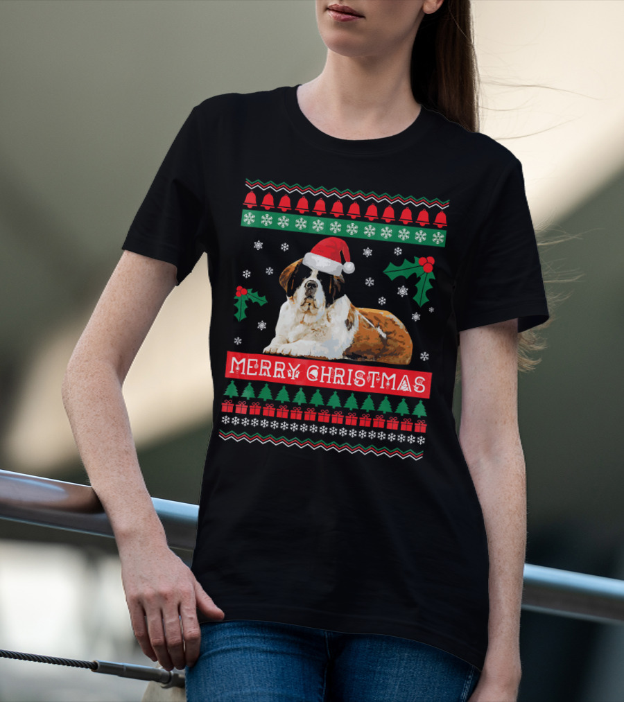 Merry Christmas St Bernard Dog Ugly Sweater Holiday T-Shirt