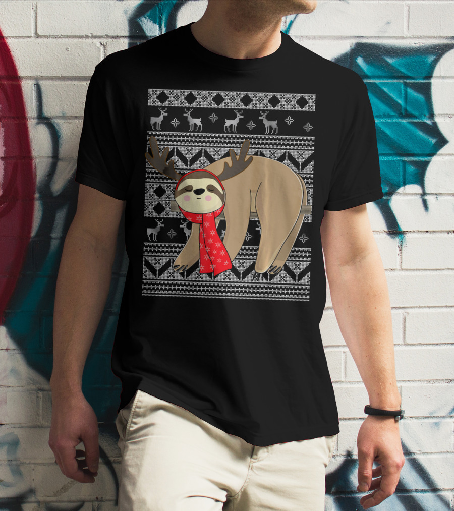 Ugly Christmas Sloth Reindeer Red Scarf Chris T-Shirt