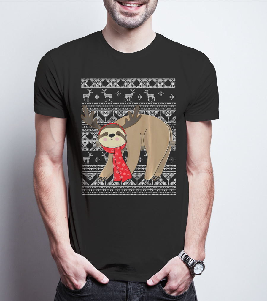 Ugly Christmas Sloth Reindeer Red Scarf Chris T-Shirt